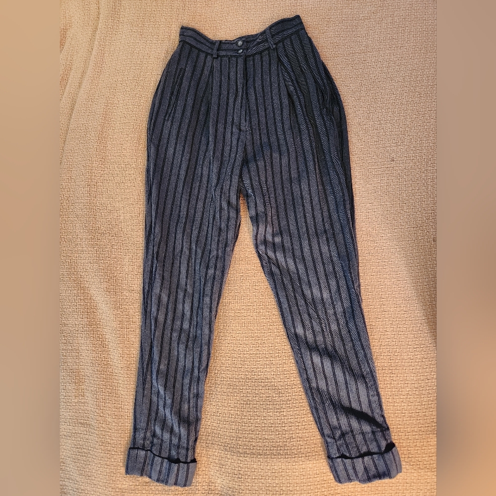 Vintage Bebe 1980s Black Grey Wool Striped Slacks Pants Trousers